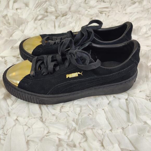 Puma Basket Low Top Shoes Womens Size 8.5 Black Suede Gold Metallic Toe Cap - Picture 2 of 14